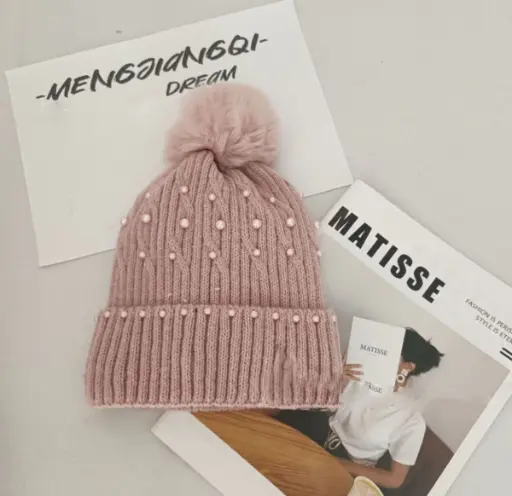 [CZ35WZ1] Bonnet d'hiver tricoté avec pompon et perles
